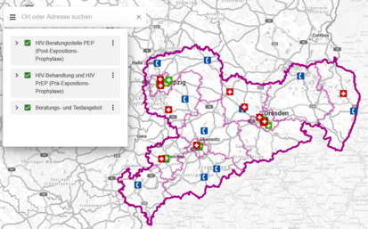 Digitale Karte Beratungsstellen für HIV, Aids und STI in Sachsen