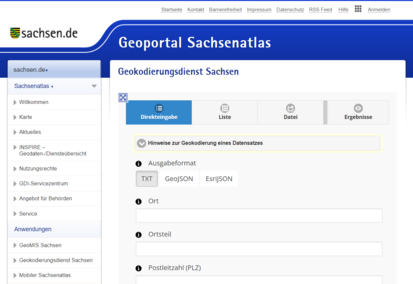 Bildschirmausschnitt Geokodierungsdienst Sachsen