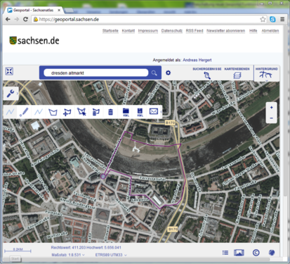 Beispiel: Einzeichnen eines Spazierweges durch die Dresdener Altstadt in eine Geoportal-Karte