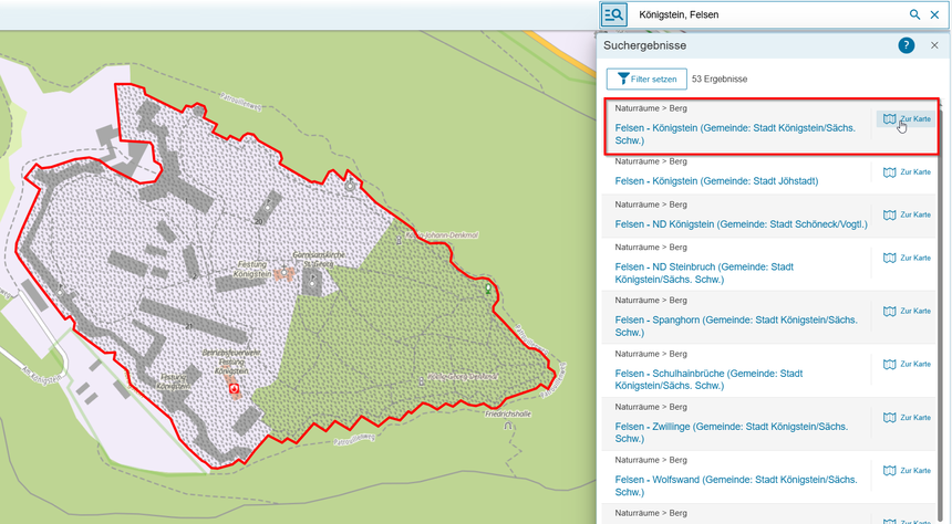 Kartenausschnitt Felsen Königstein