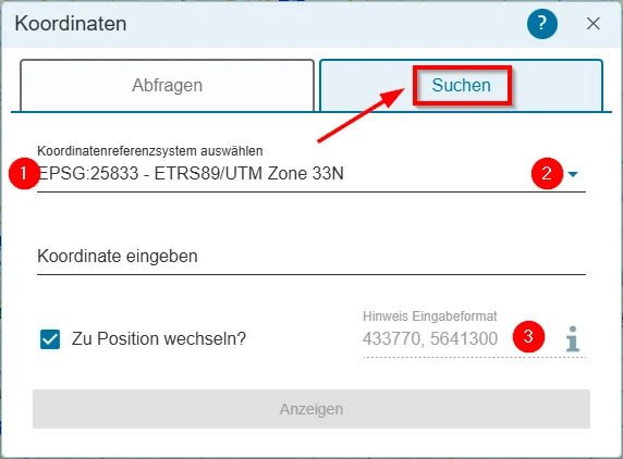 Hilfe - Messwerkzeuge - Koordinaten suchen
