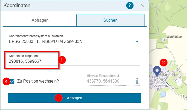 Hilfe - Messwerkzeug - Koordinaten suchen