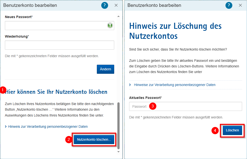 Hilfe - Profil bearbeiten - Nutzerkonto löschen